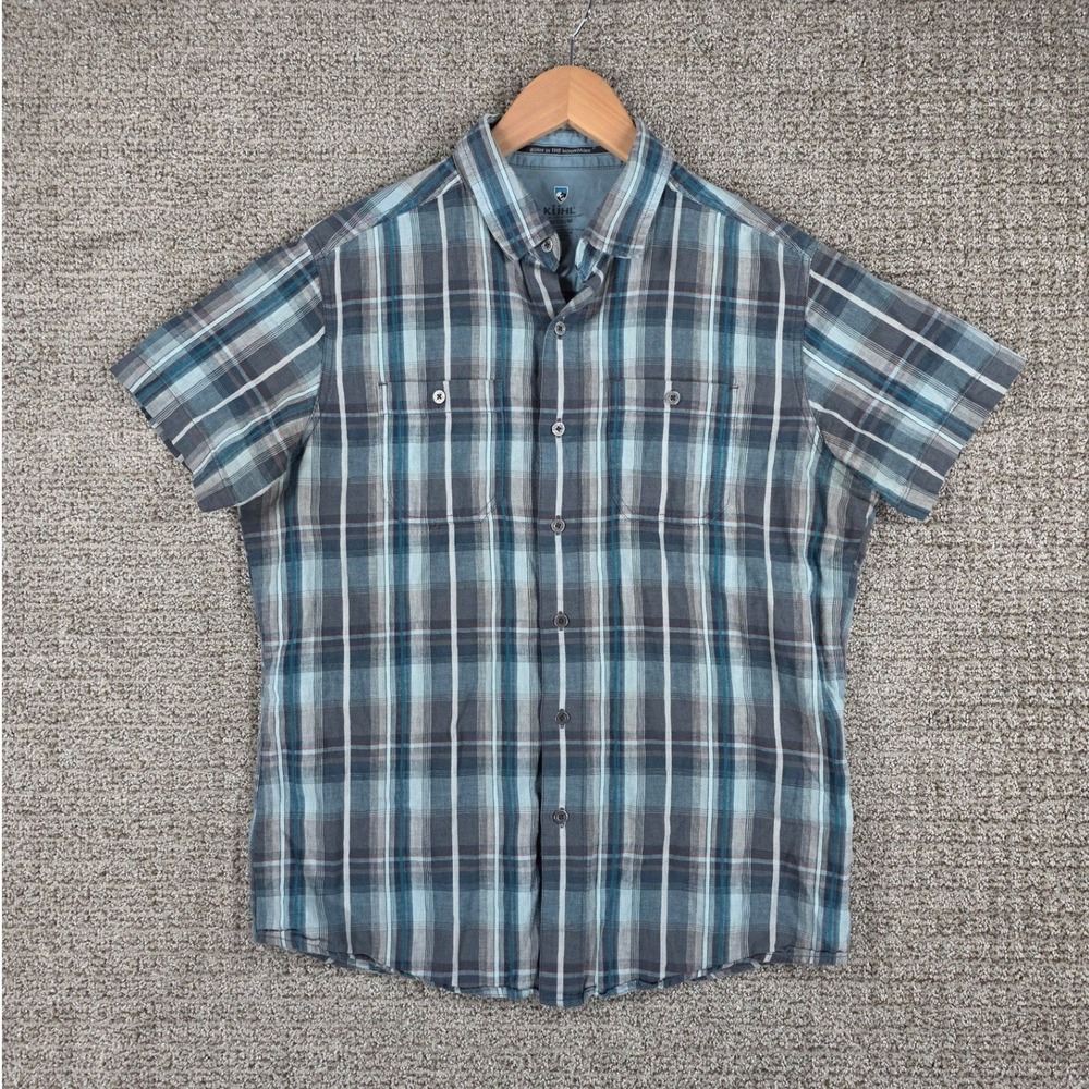 Kuhl Skorpion Mens Medium Blue Gray Plaid Short Sleeve Button Up Shirt Tapered